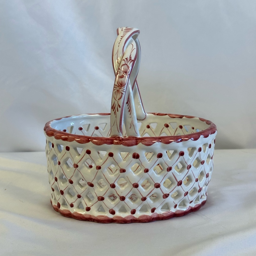 Red and White Ceramic Basket with Handle Reticulated Weave Sides Portugal
